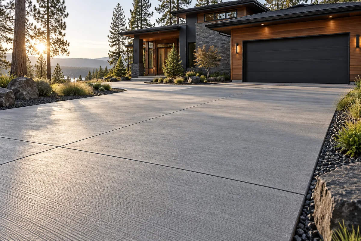 Light gray concrete driveway leading to a Northwest home