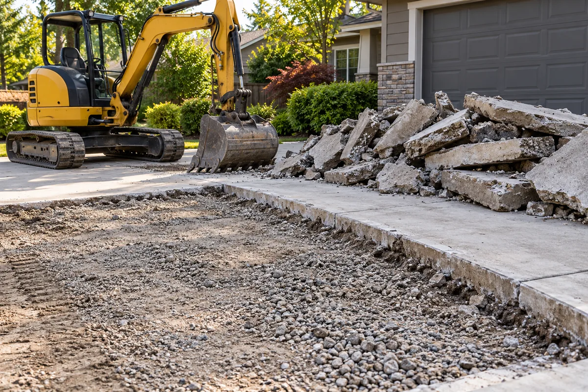 Concrete removal area with equipment and separated rubble