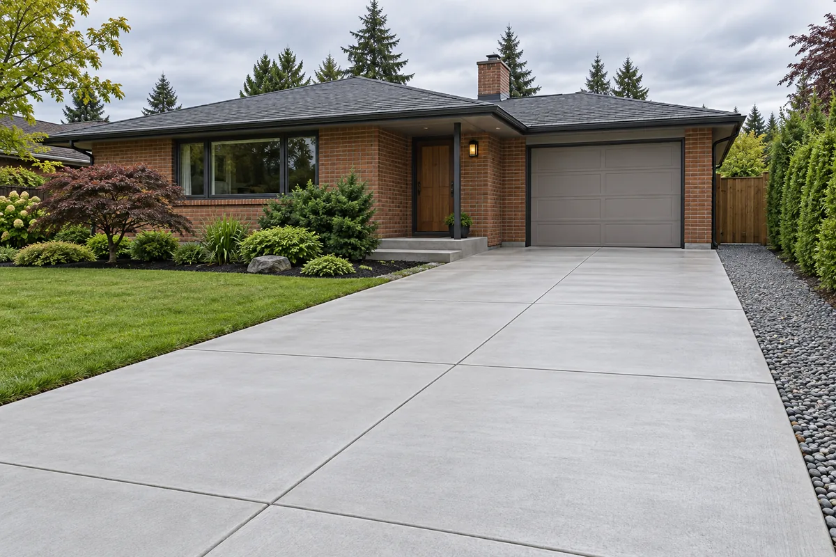 New concrete driveway beside a brick home