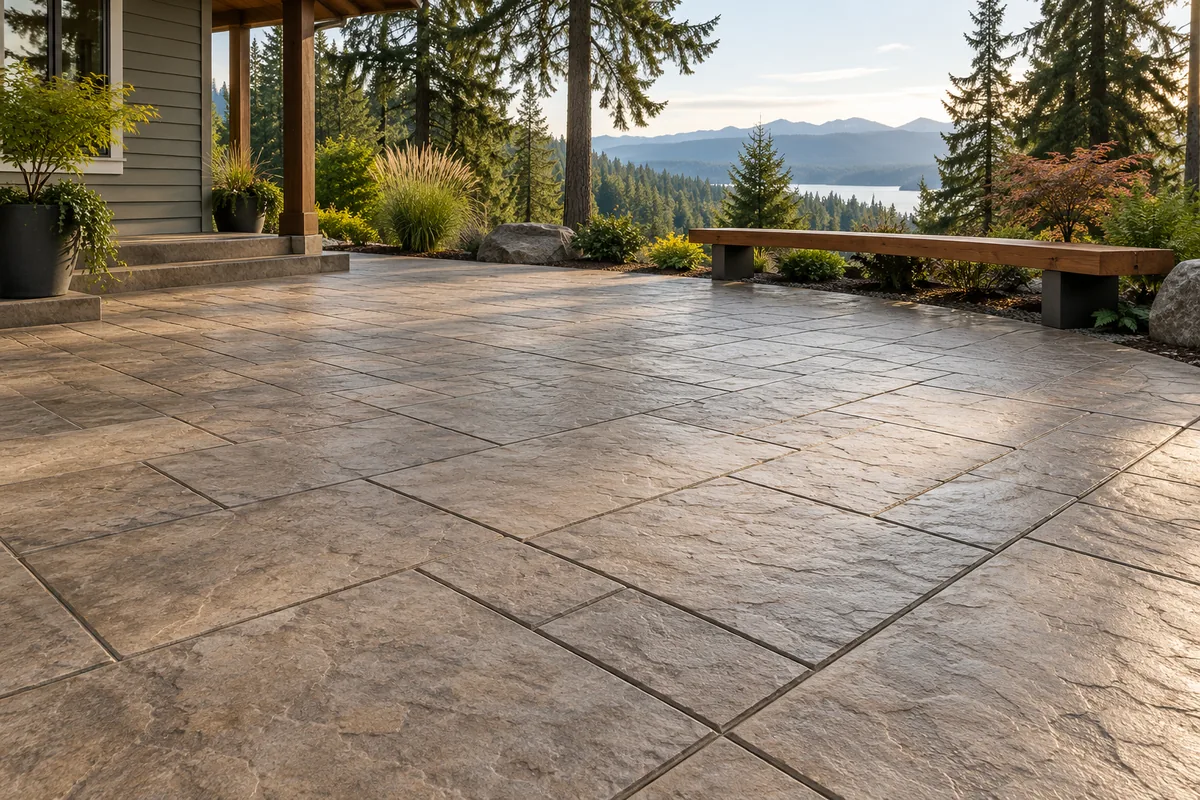 Stone-pattern stamped concrete patio