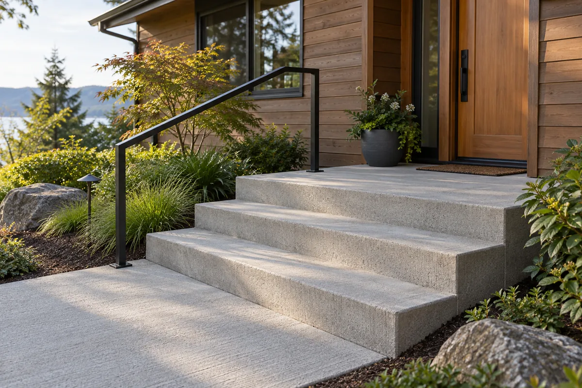 Concrete entrance steps with a black handrail